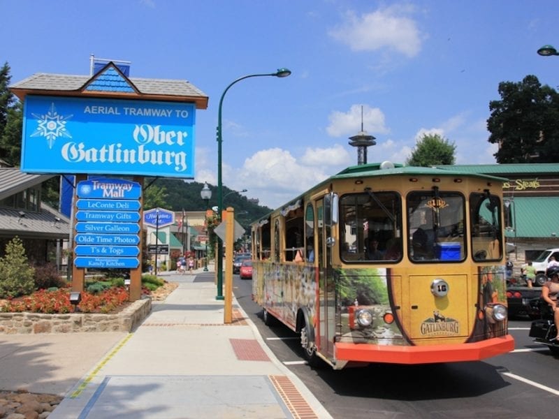 ober gatlinburg sign with trolley